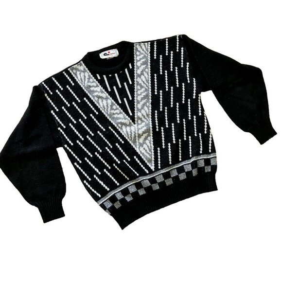 Cooper Black & White Geometric Knit Pullover Sweater Vintage 90s Made in Canada - Picture 2 of 6